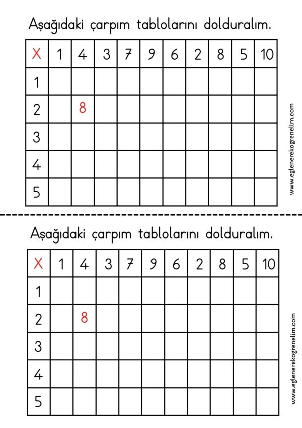 2 Sınıf Çarpma İşlemi Tablolu Yarım Sayfa Eğlenerek Öğrenelim Esra