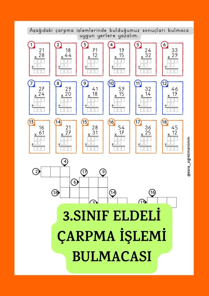 3 Sınıf Eldeli Çarpma Bulmacası