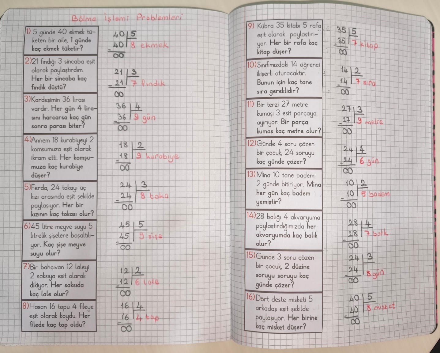 2.Sınıf Bölme İşlemi Problemleri Defter İçin Kes Yapıştır