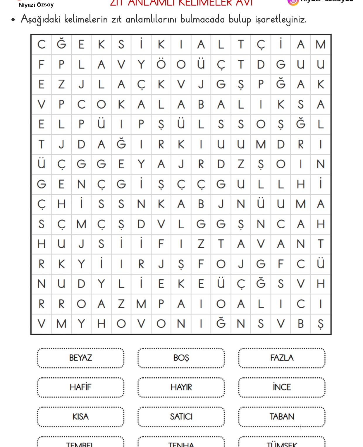 Zıt Anlamlı Kelimeler Bulmaca