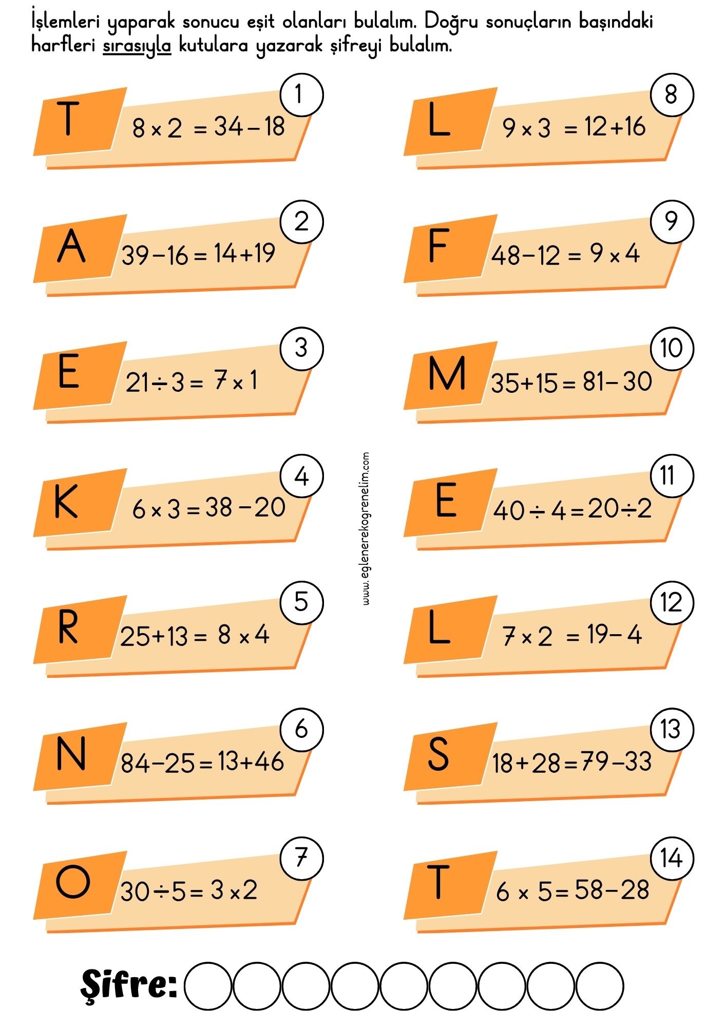 2.Sınıf Eşitlik Konusu Pekiştirme Etkinliği 4