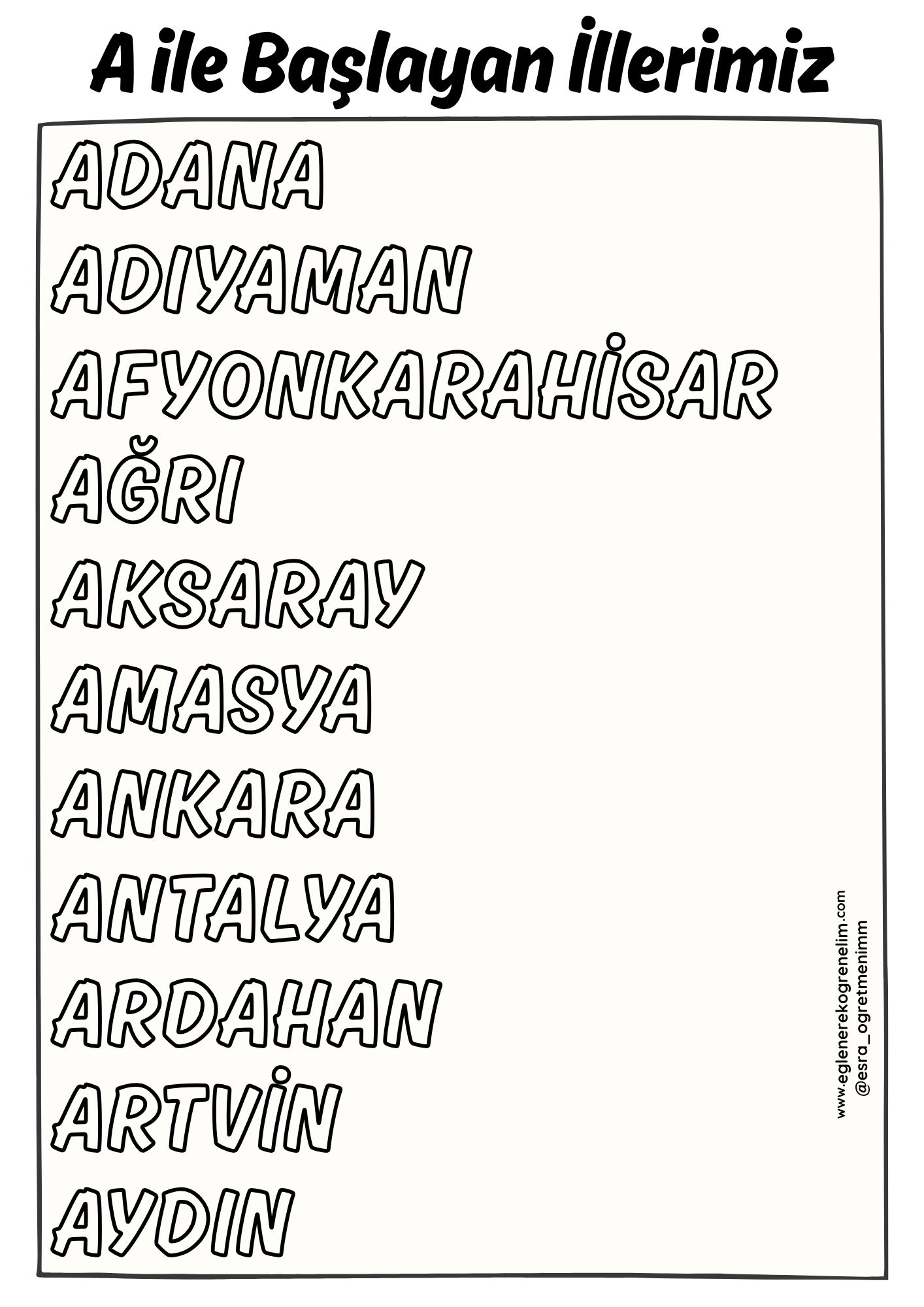 A ile Başlayan İller Sayfası