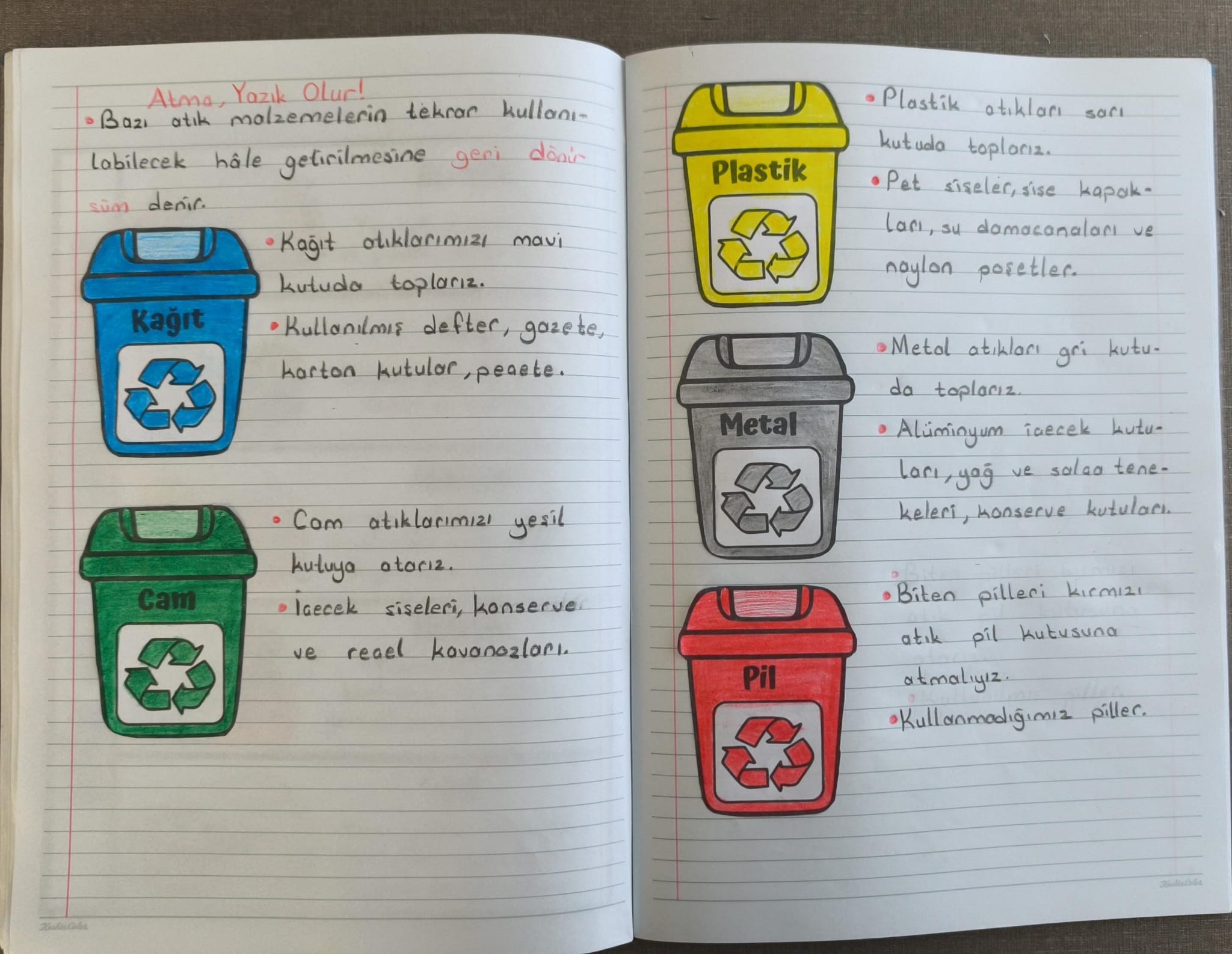 Geri Dönüşüm Kutuları Defter Çalışması