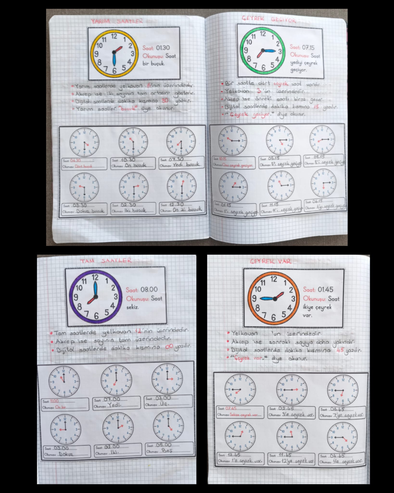 Saatler Defter Çalışması Tam-Yarım-Çeyrekli