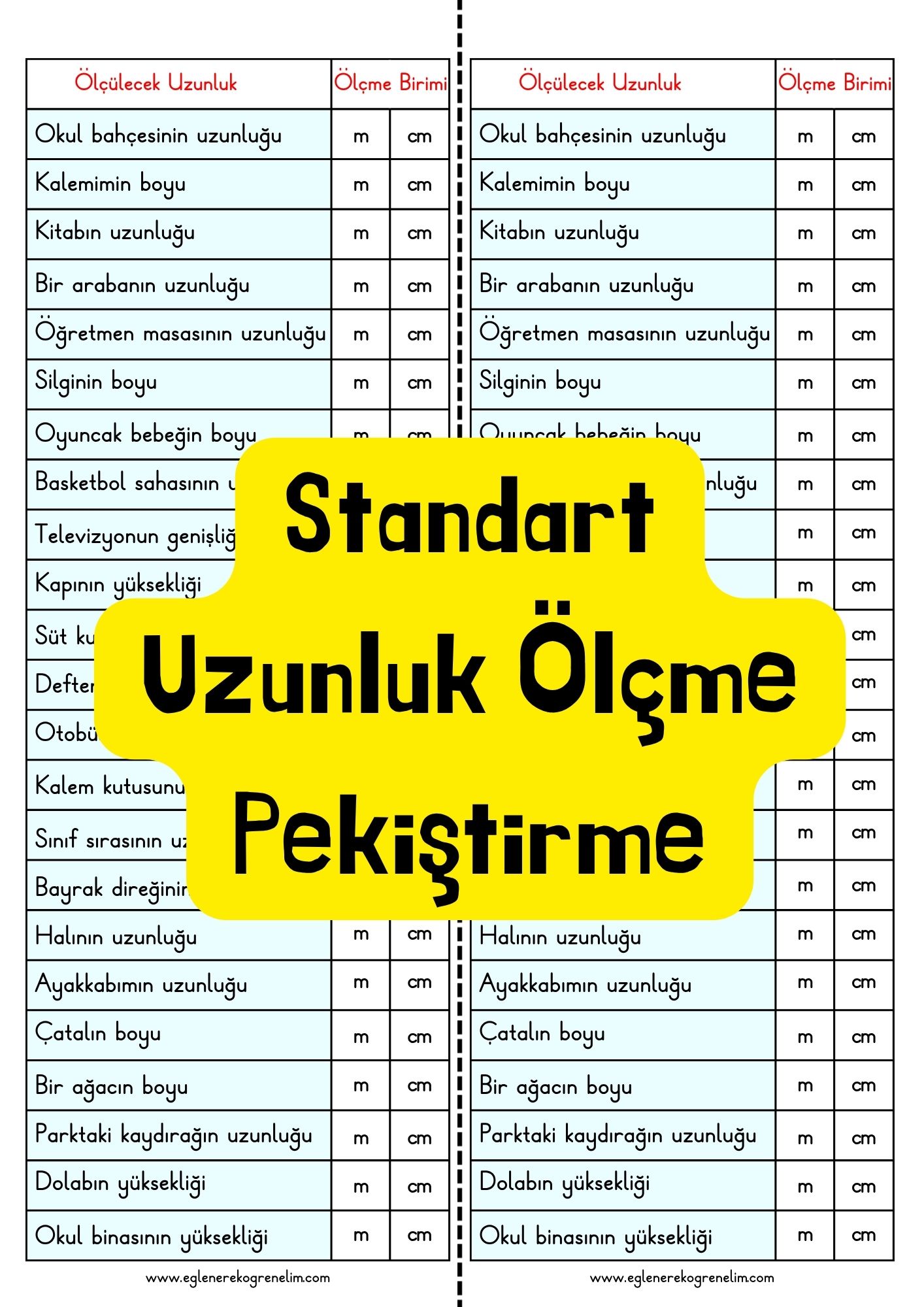 Standart Uzunluk Ölçme Pekiştirme Etkinliği cm m
