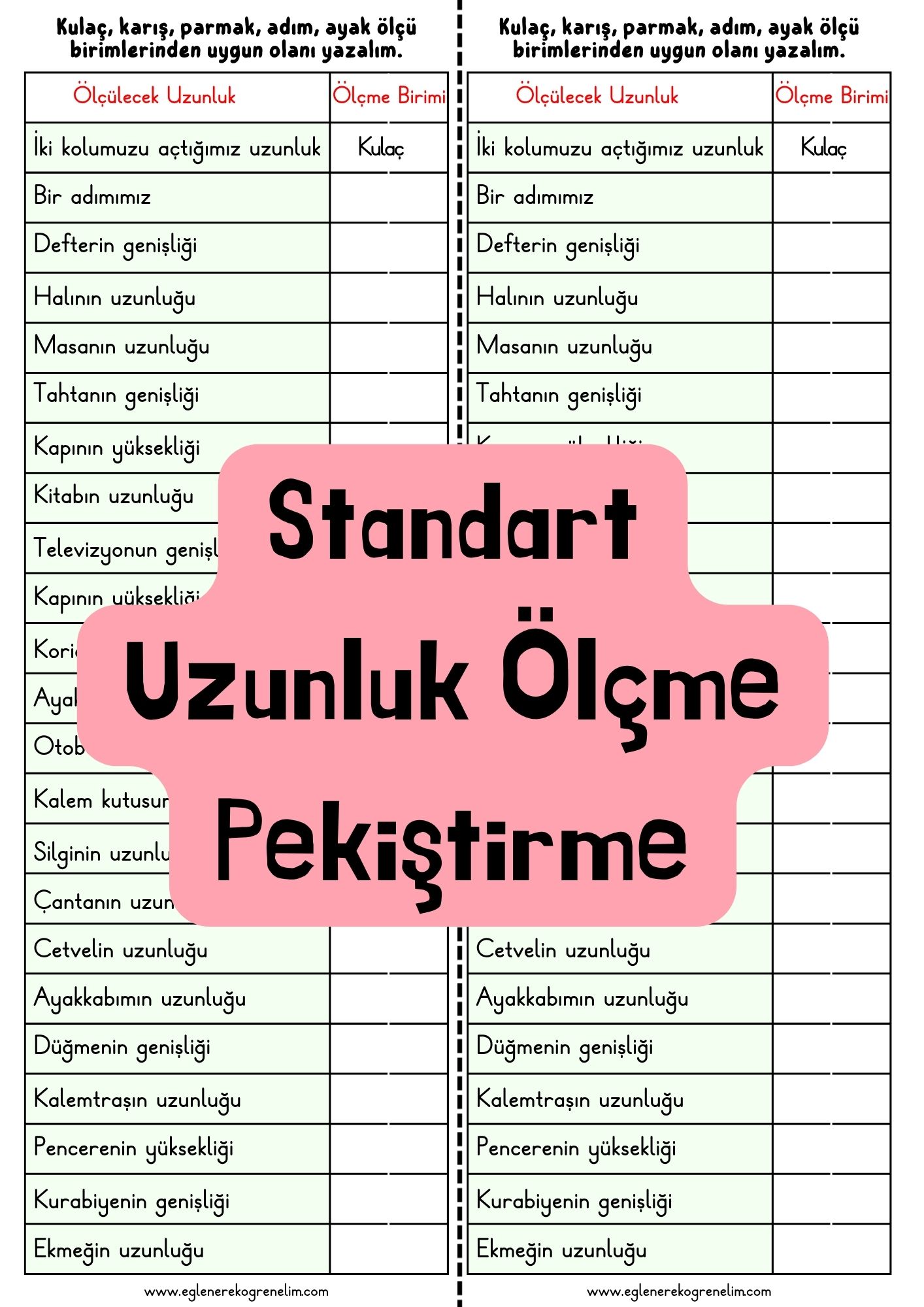Standart Olmayan Uzunluk Ölçme Pekiştirme Etkinliği