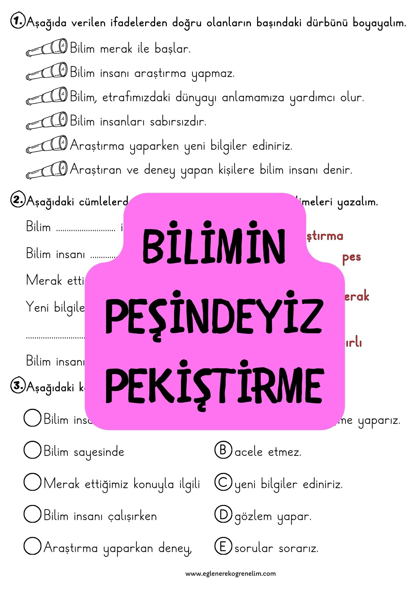 Bilimin Peşindeyiz Pekiştirme Etkinlikleri