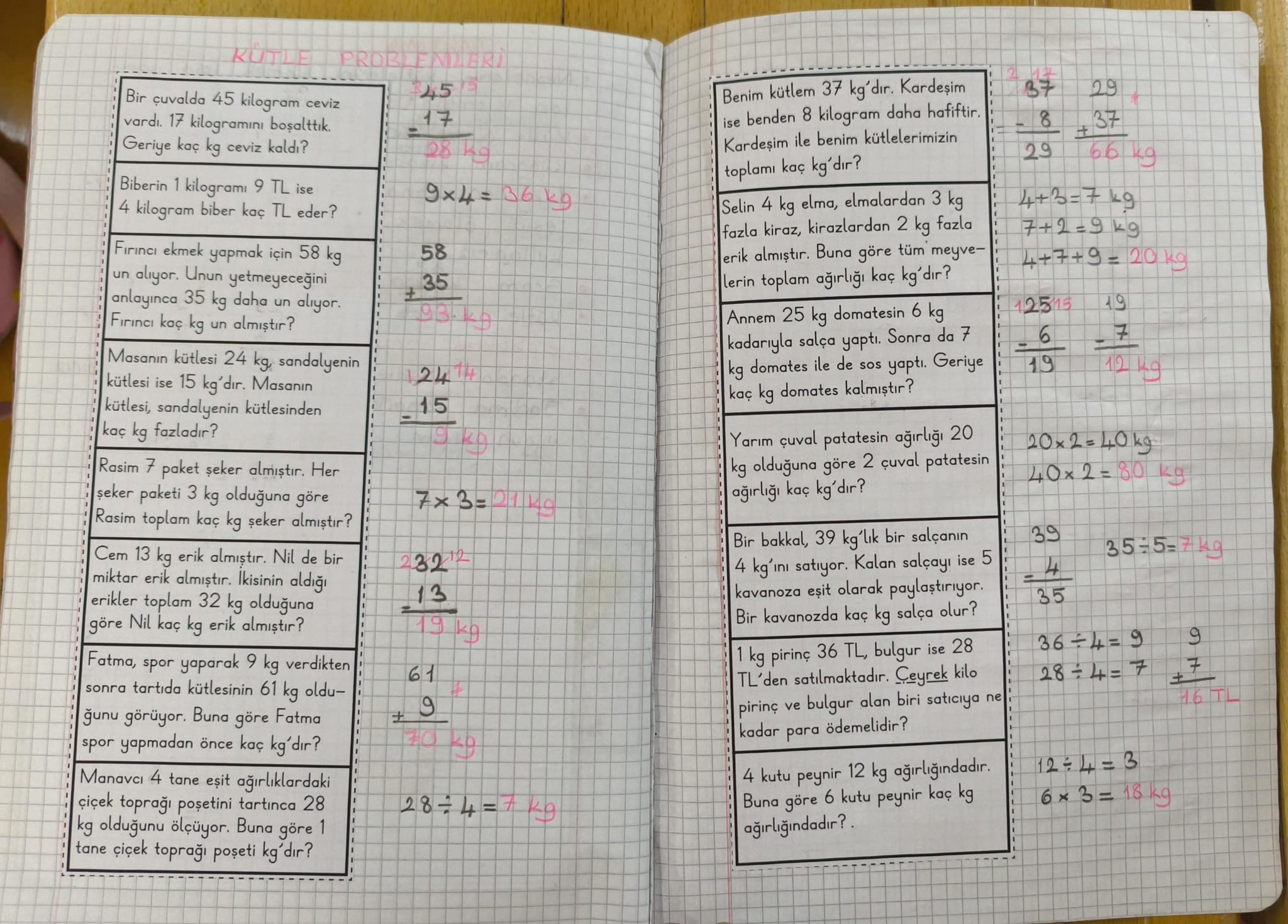 Kütle Ölçme Problemleri Defter Çalışması