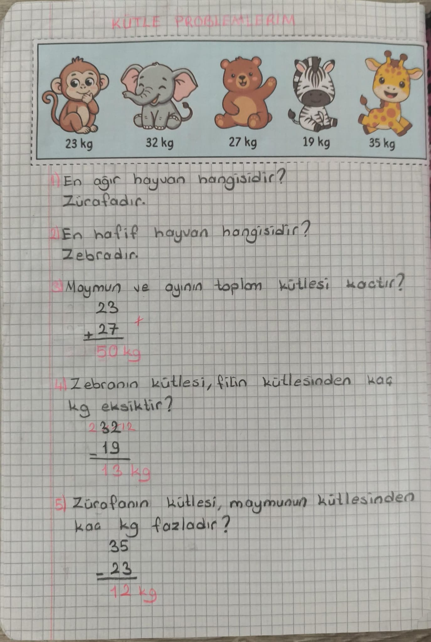 Kütle Ölçme Problem Yaz Defter Çalışması Hayvanlı
