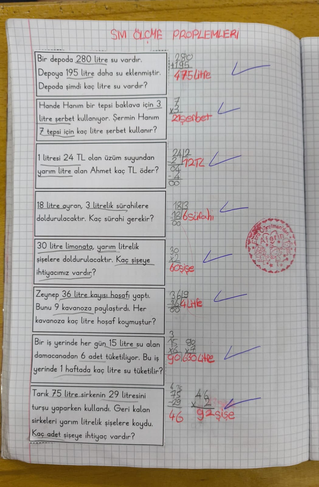 Sıvıları Ölçme Problemleri Defter Çalışması