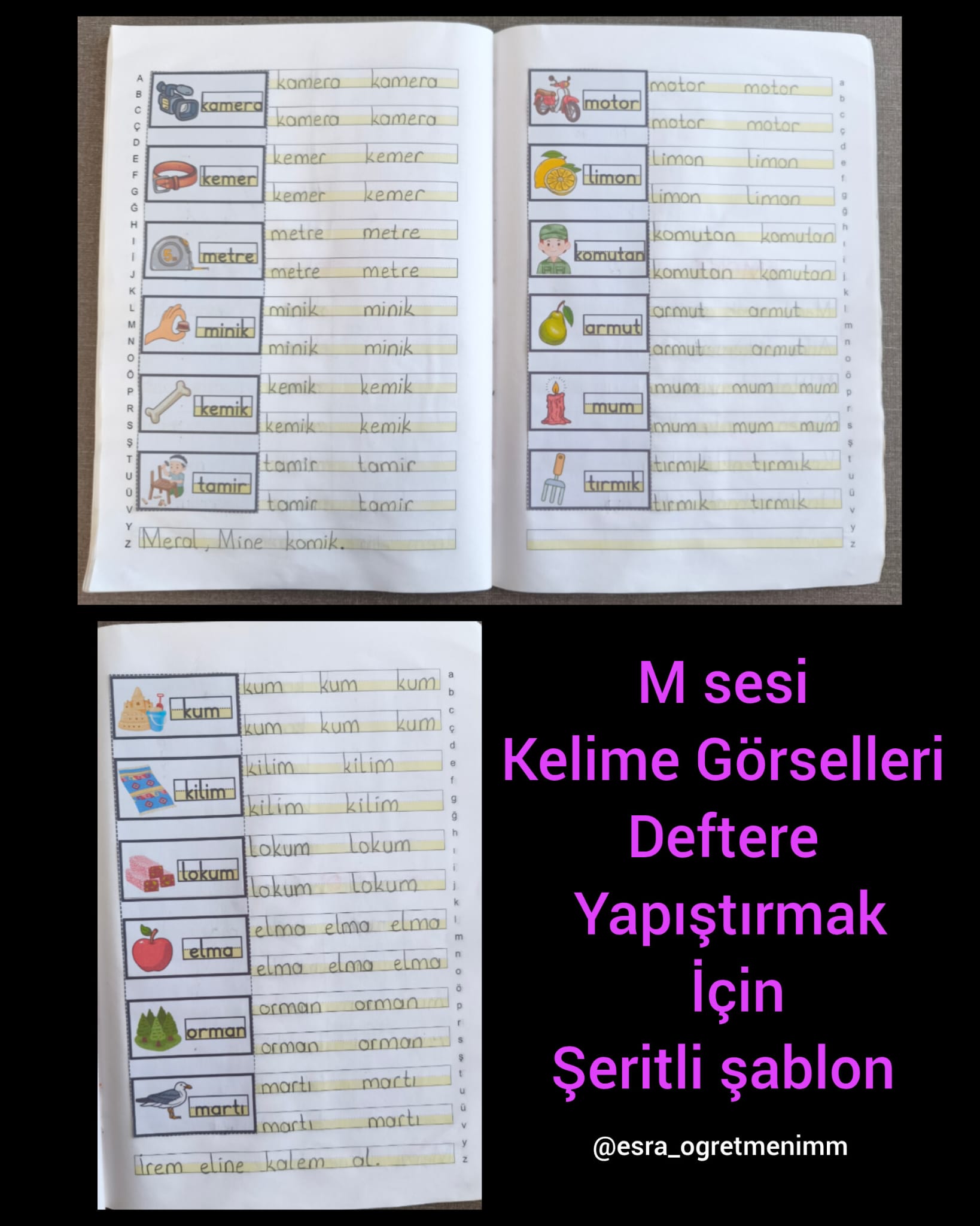 M Sesi Görselleri Deftere Yapıştırmak İçin Şeritli