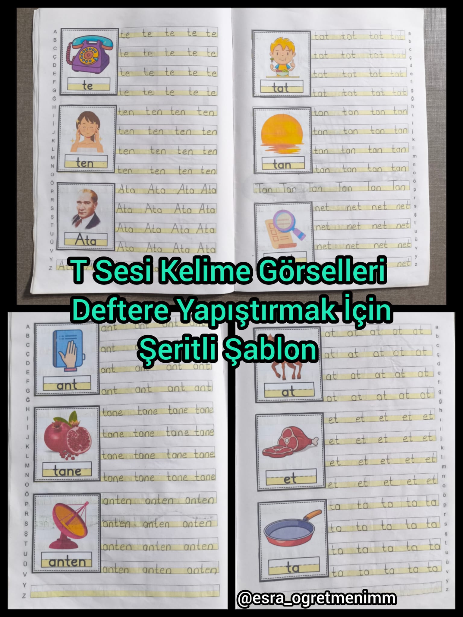 T Sesi Görselleri Deftere Yapıştırmak İçin Şeritli