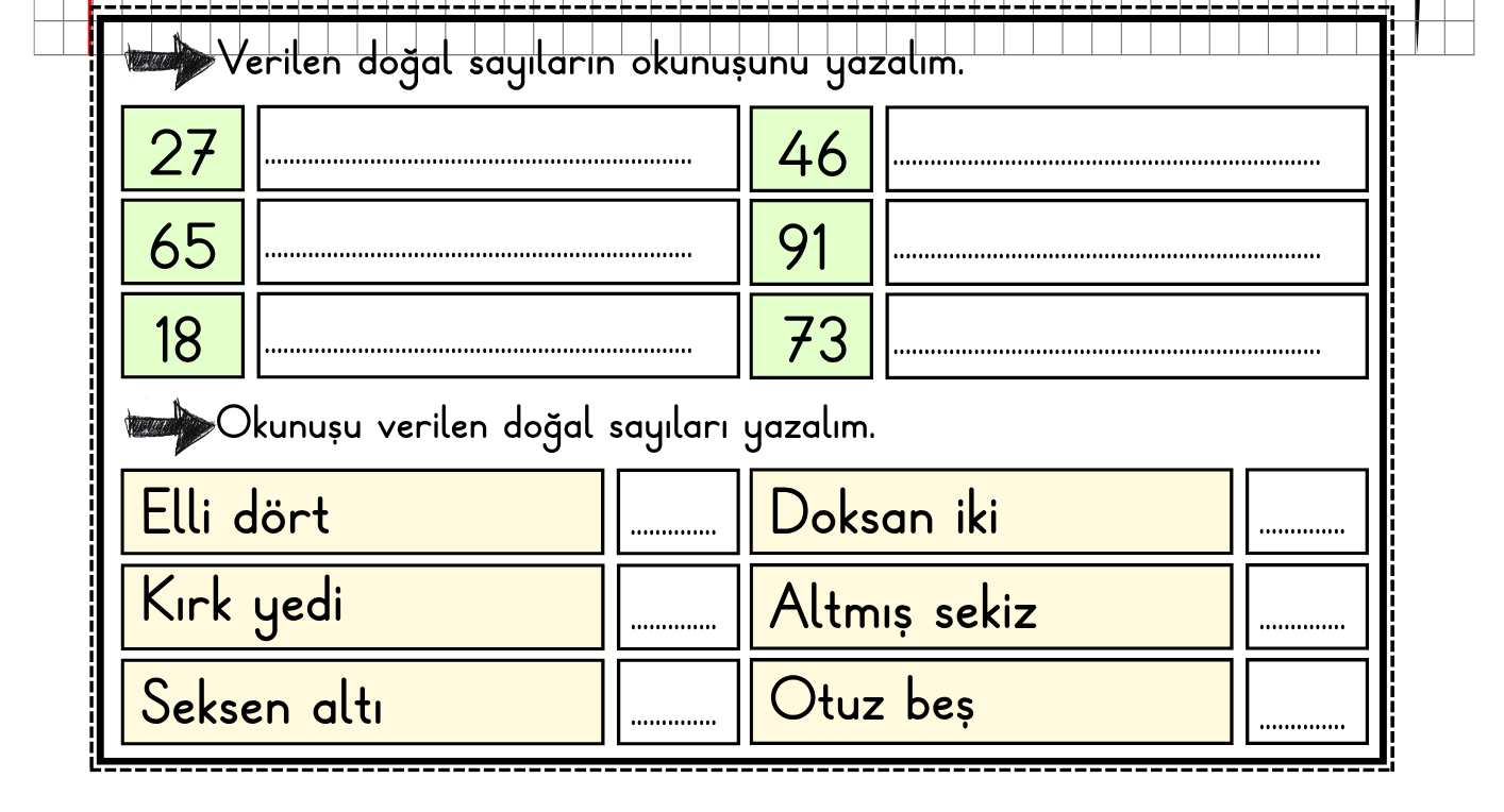 Doğal Sayıları Okuma ve Yazma Defter Çalışması