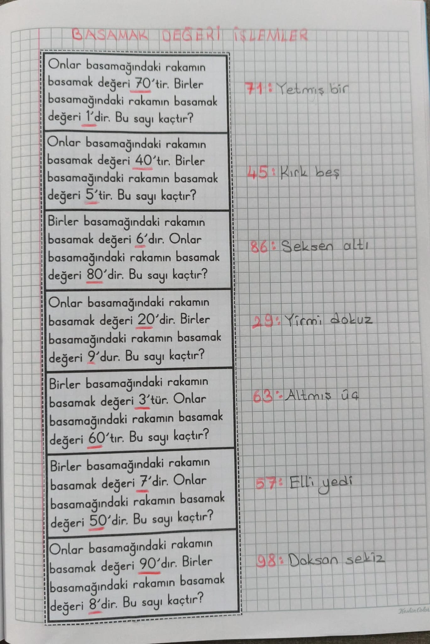 2.Sınıf Basamak Değeri Problemleri Defter Etkinliği