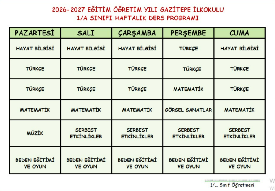 1.Sınıf Ders Programı Düzenlenebilir