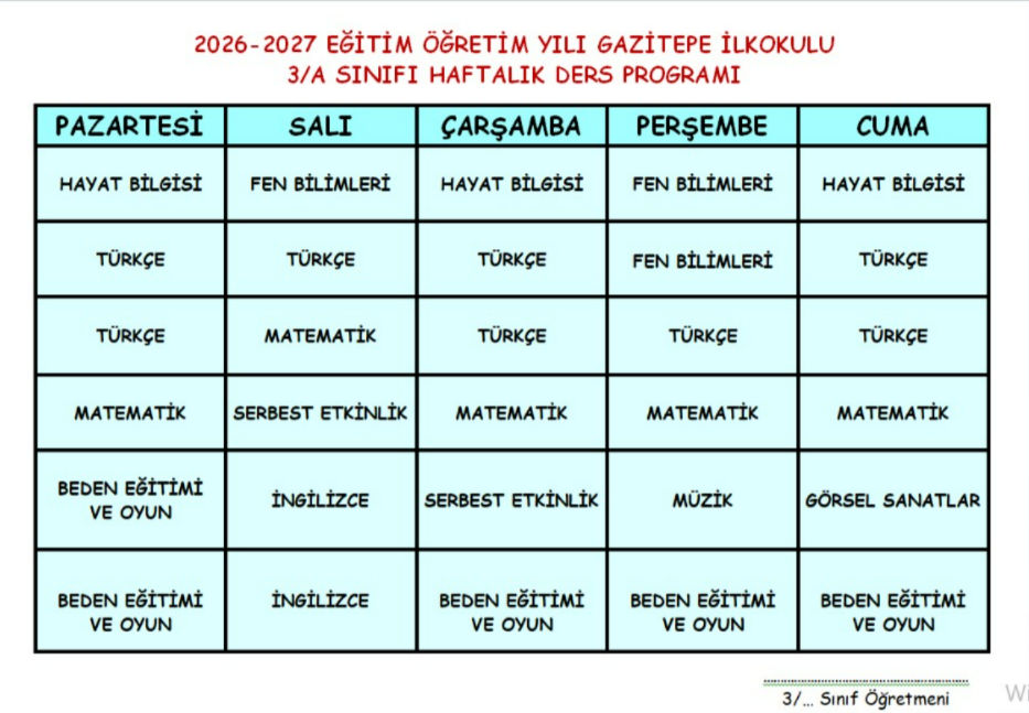 3. Sınıf Ders Programı Düzenlenebilir