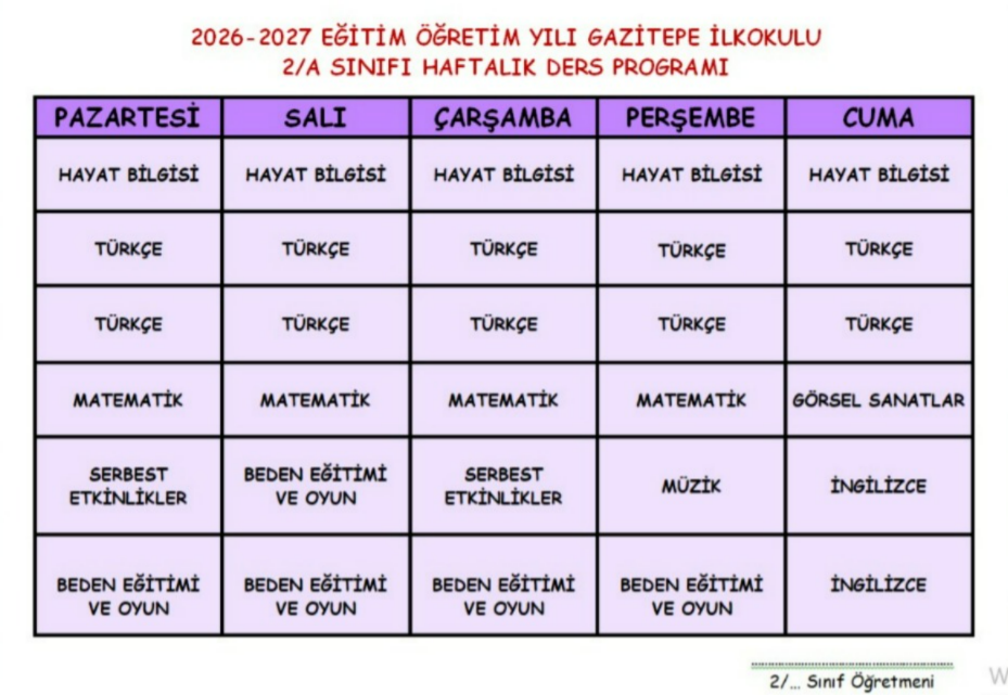 2.Sınıf Ders Programı Düzenlenebilir