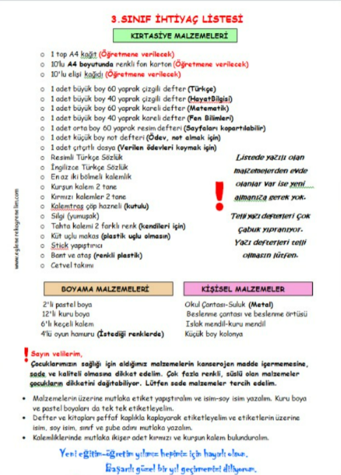 3.Sınıf İhtiyaç Listesi Düzenlenebilir
