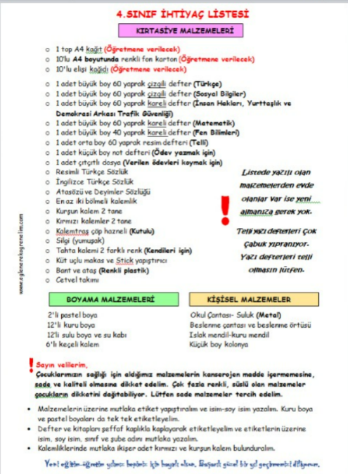4.Sınıf İhtiyaç Listesi Düzenlenebilir