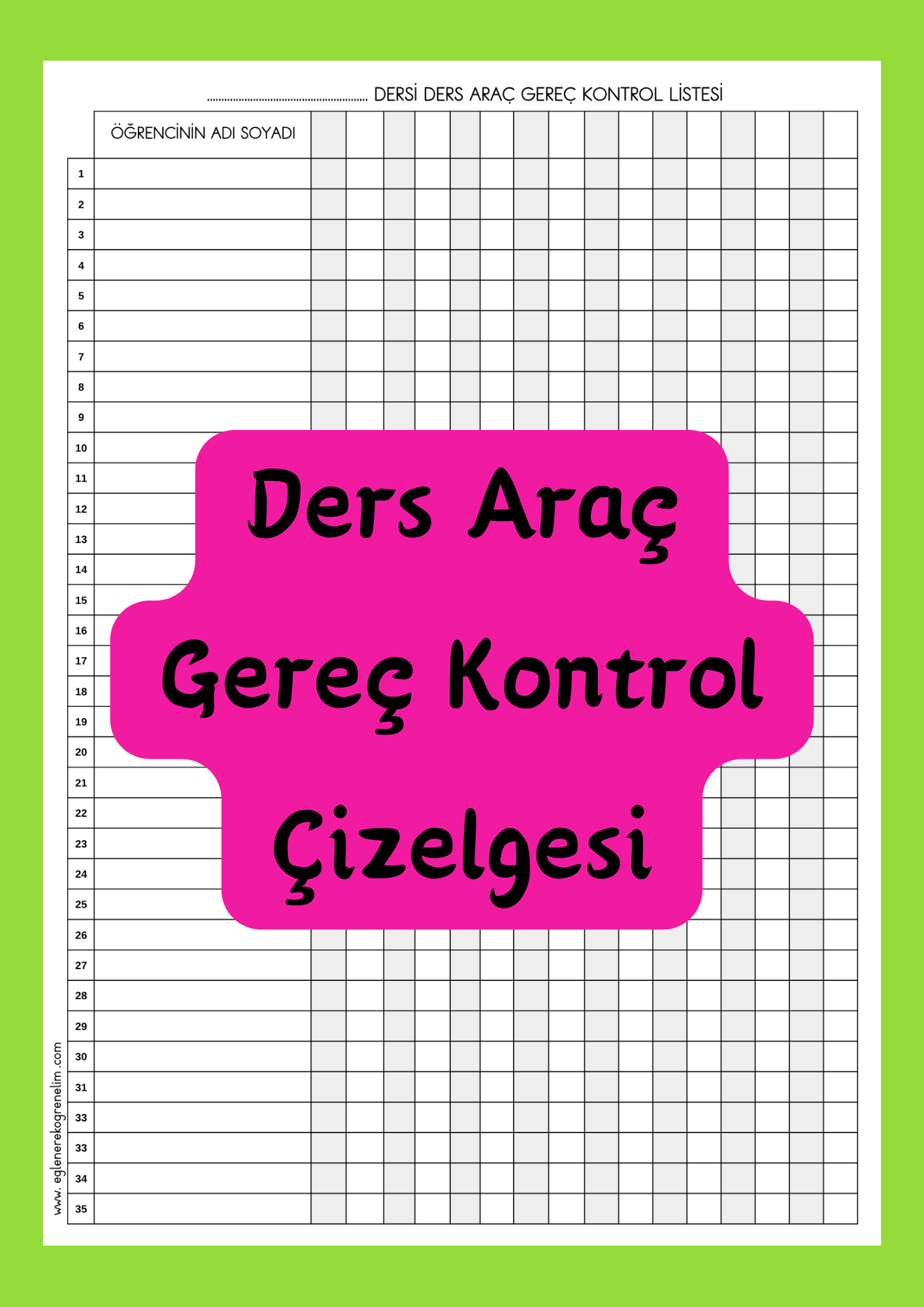 Ders Araç Gereç Kontrol Çizelgesi