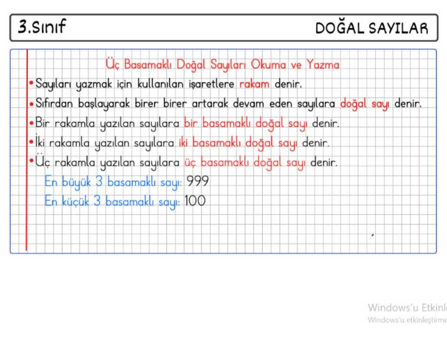 3 Basamaklı Doğal Sayıları Okuma ve Yazma Konu Özeti