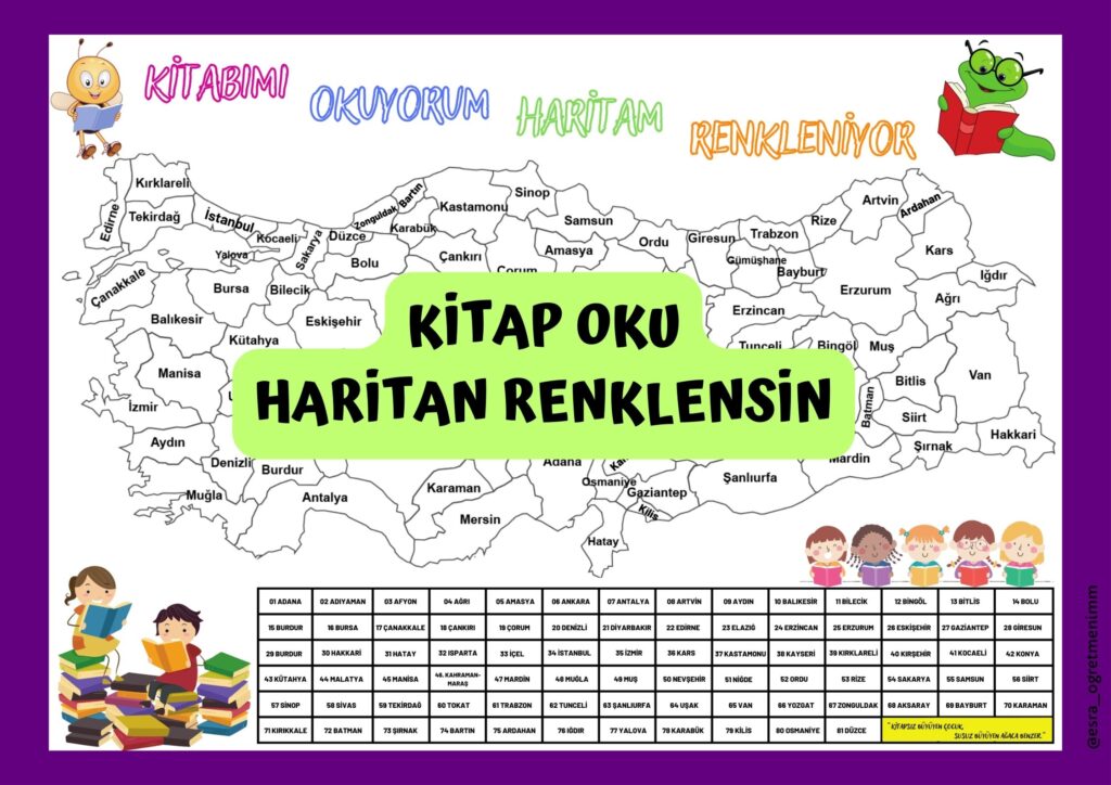 kitap okuma takip Çizelgesi türkiye haritalı eğlenerek Öğrenelim